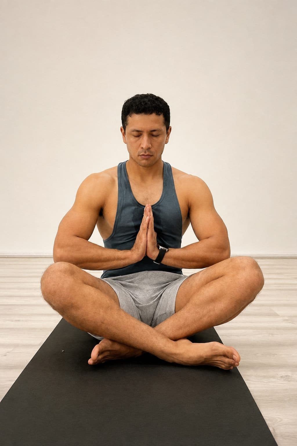 Miguel Díaz sentado en postura sencilla sobre un tapete, con las manos juntas al pecho y los ojos cerrados, en su primera práctica de yoga.